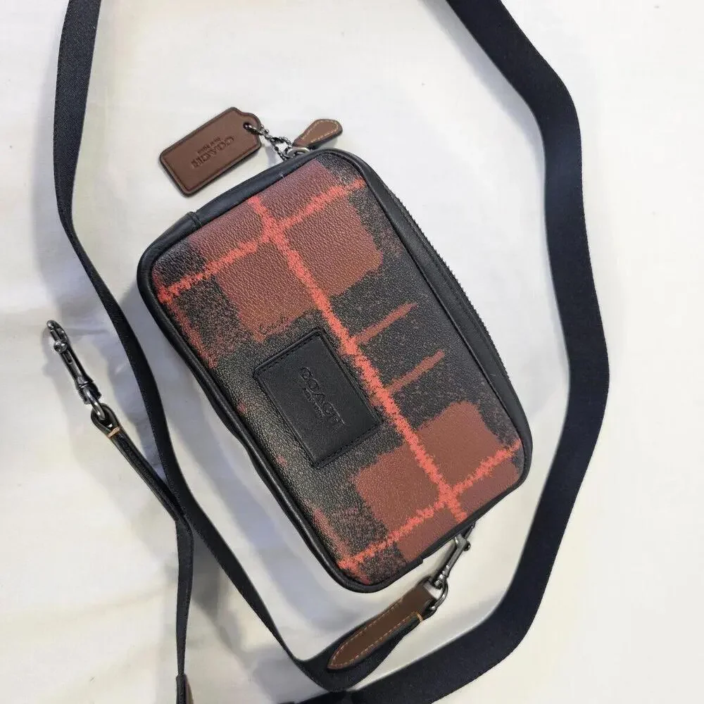 New COACH Carrier Phone Crossbody With Window Pane Plaid Print Black Brown - Picture 4 of 8